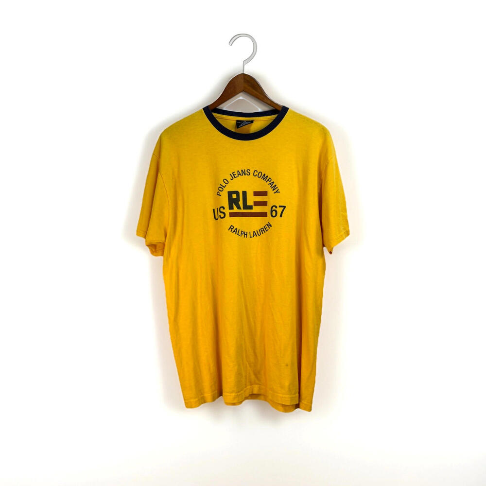 VTG 90s Polo Ralph Lauren PRL Graphic Logo Ringer‎ T Shirt Adult XL Yellow Blue